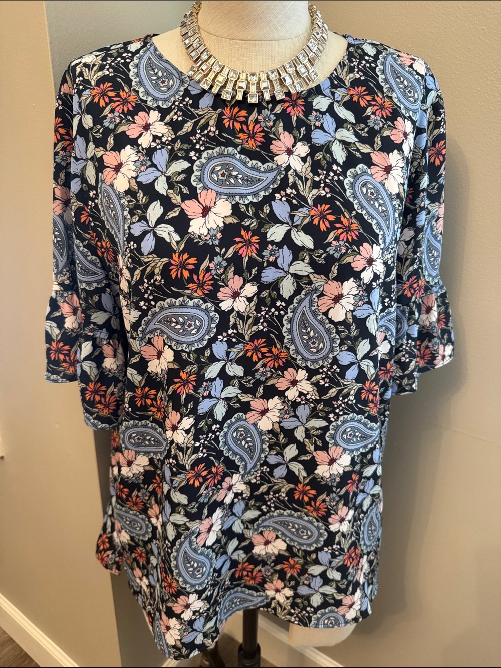 LOFT Short Sleeve Floral & Paisley Blouse with hues of blues, pinks and greens